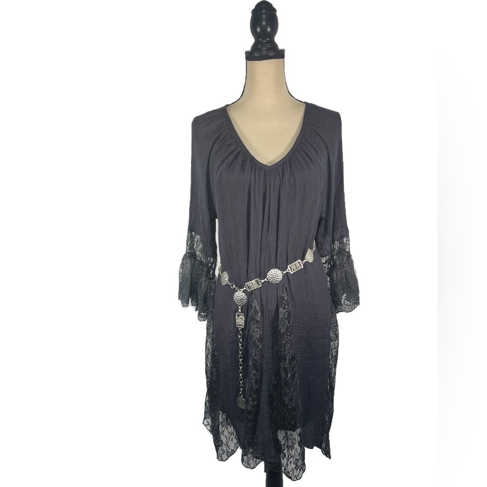 Angel Heart Boho Dark Grey Dress Lace Insert Peasant Lace Tunic Gypsy size 2X - Picture 3 of 8